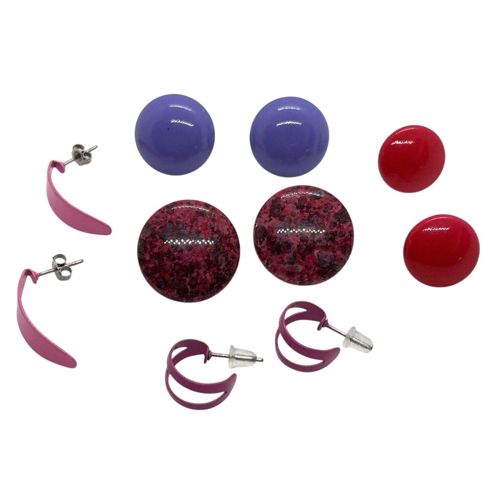 Vintage Lot of 5 Pairs Pink Purple‎ Button Stud Hoop Pierced Earrings 80s 90s